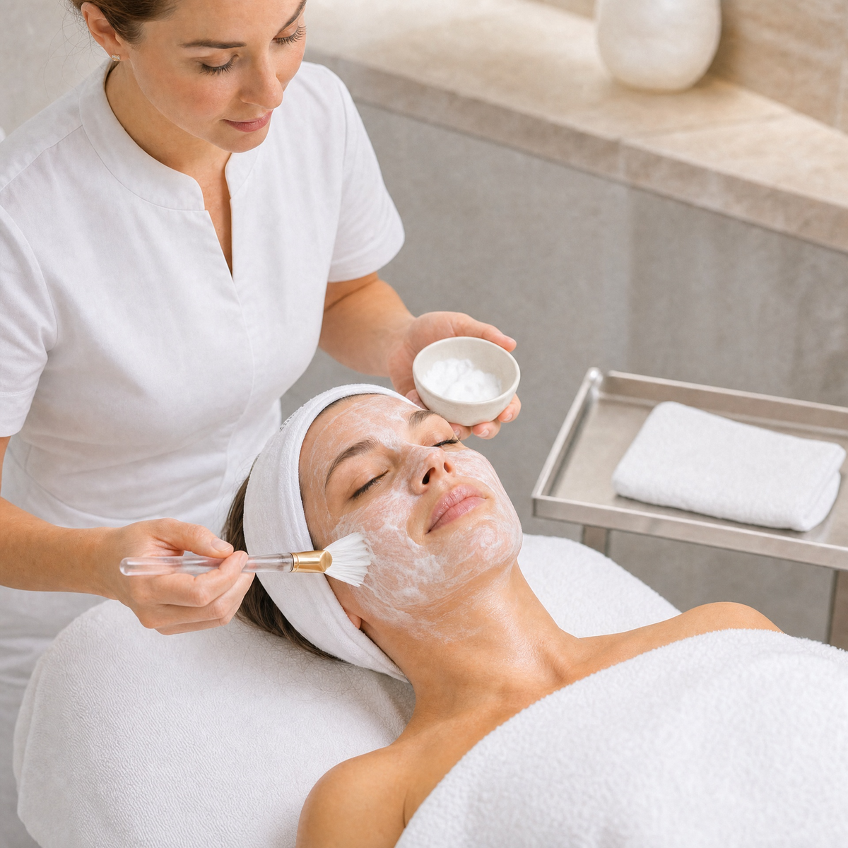 Professional skin therapist applying dense papaya enzyme cleansing foam with a fan brush during the Hubislab Korean Glass Skin Facial Treatment.