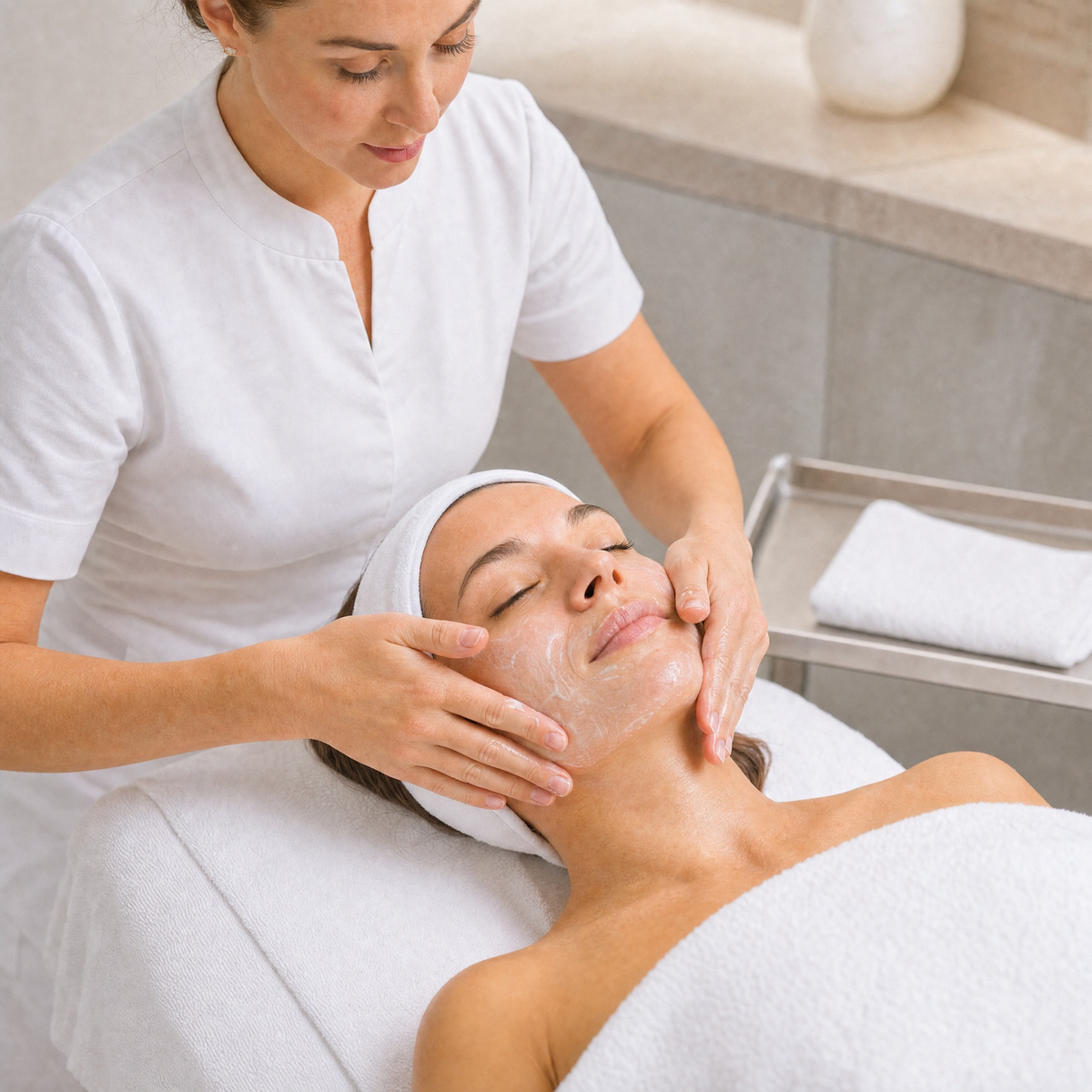 Professional skin therapist performing upward lifting facial massage strokes during the essence and collagen massage stage of the Hubislab Korean Glass Skin Facial Treatment.