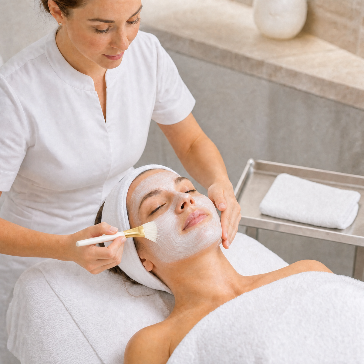 Professional skin therapist applying a smooth soothing mask with a brush during the Hubislab Korean Glass Skin Facial Treatment.