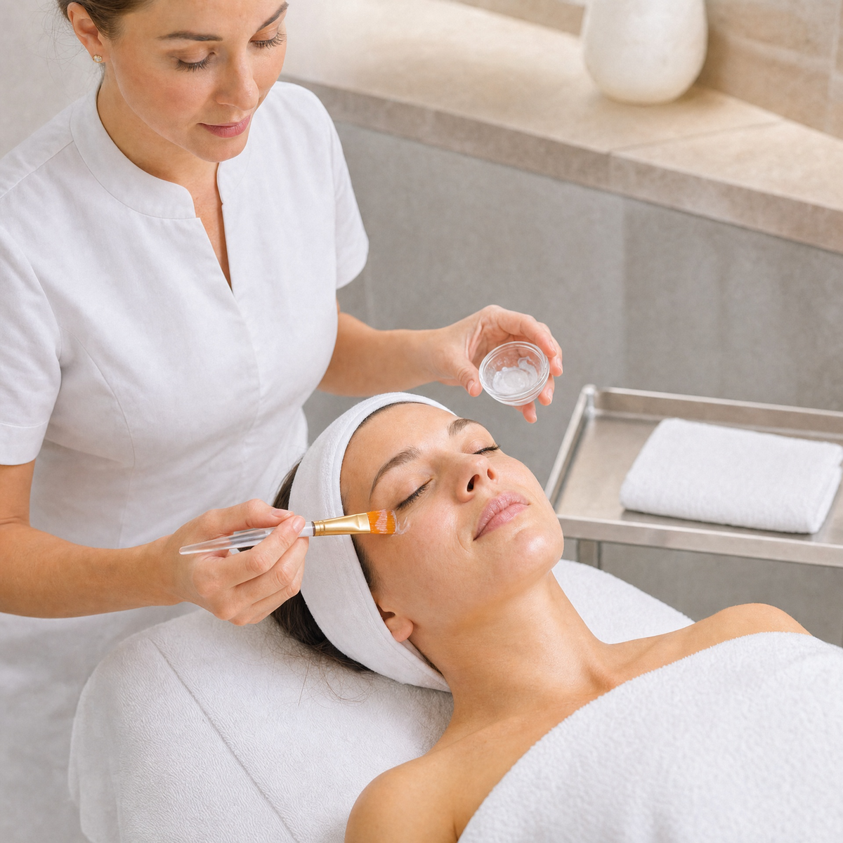 Professional skin therapist applying finishing eye and face cream around the clients under-eye area during the Hubislab Korean Glass Skin Facial Treatment.