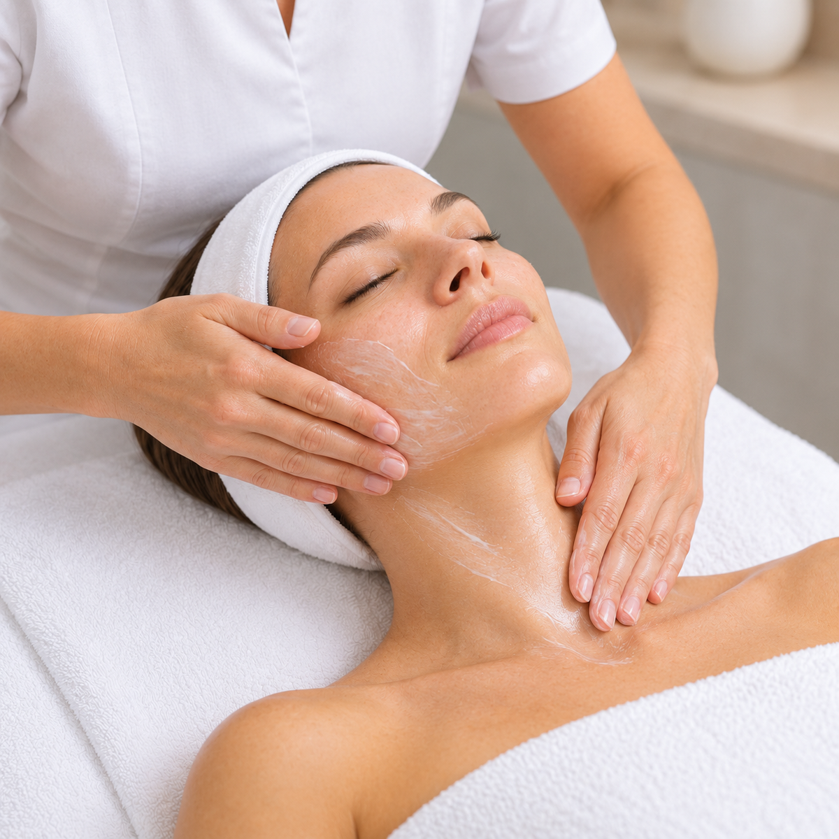 Therapist applying finishing cream to the client's face and neck during the HUBISLAB Korean Glass Skin Facial.