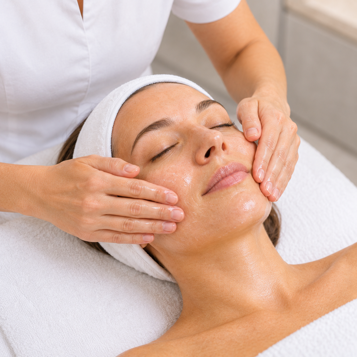 Therapist gently pressing Revival Essence into the client's cheeks during the HUBISLAB Korean Glass Skin Facial.