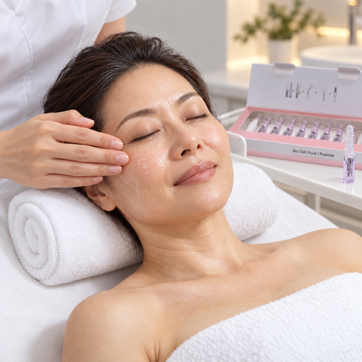 Therapist applying Bio Cell Peptide Fluid during the HUBISLAB Korean V-Lift Facial, with the peptide vial collection beside the client.