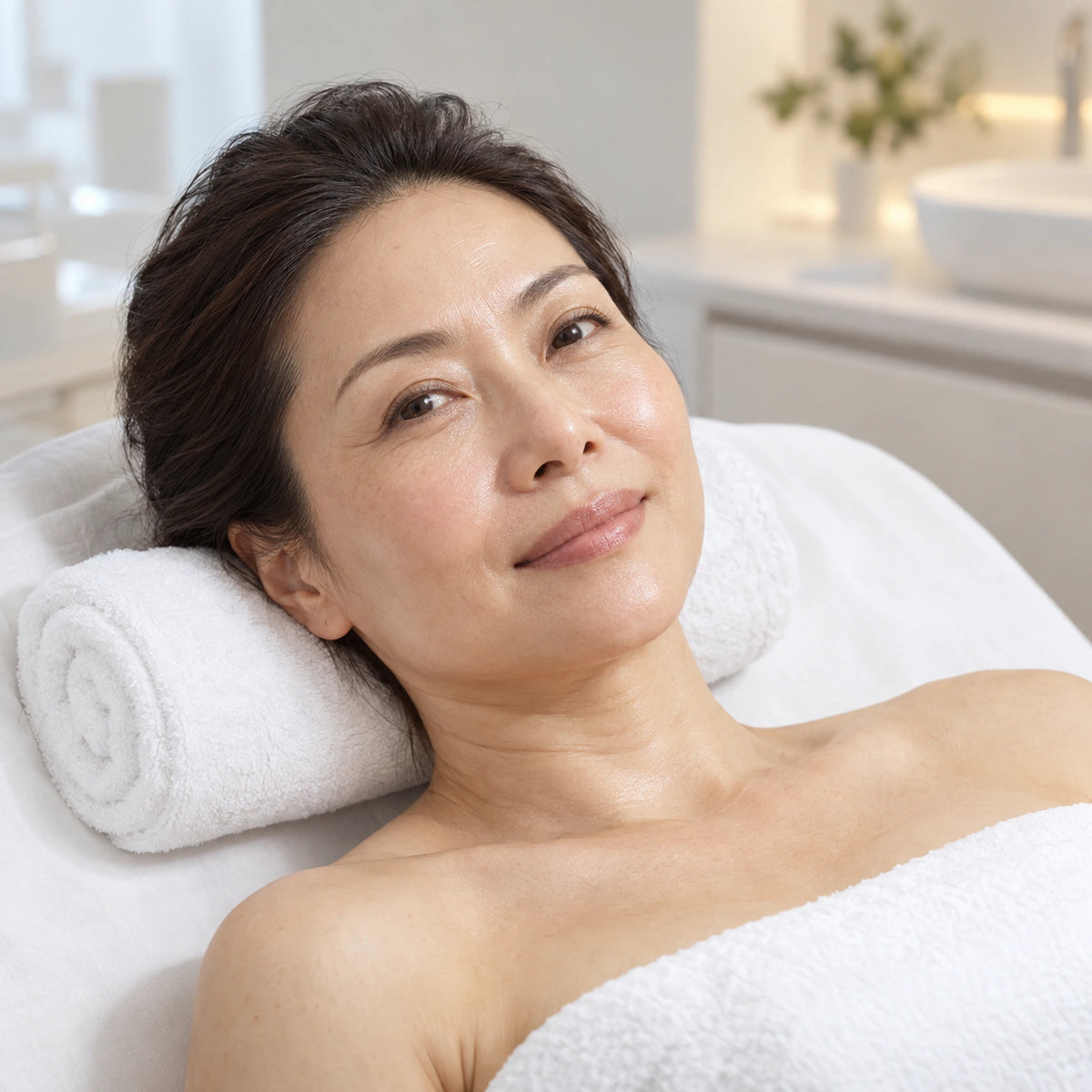 Client resting after a facial with a hydrated, refreshed-looking complexion.