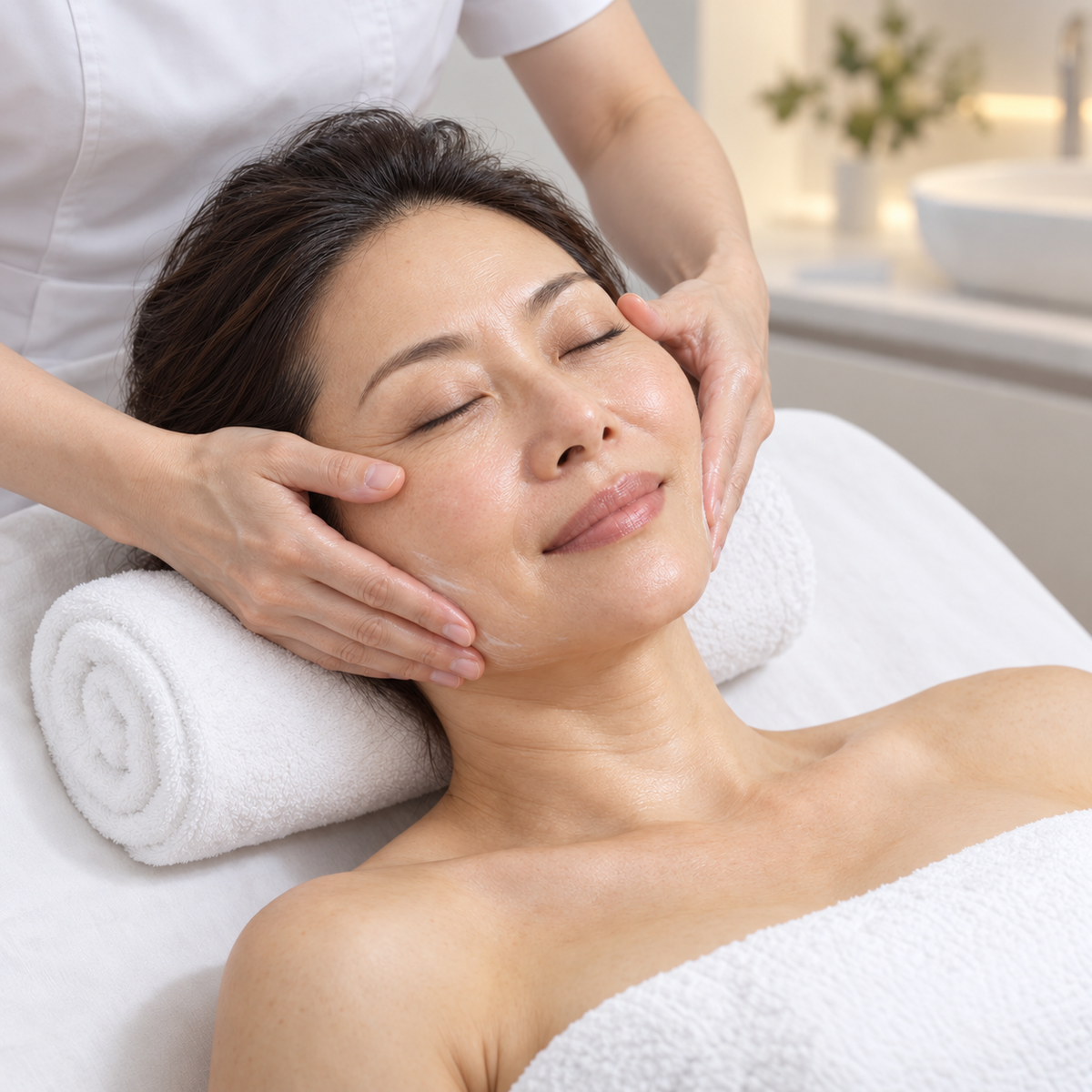 Therapist massaging the cheeks and jaw during the HUBISLAB Korean V-Lift Facial; illustrative image accompanying the technique demonstration.