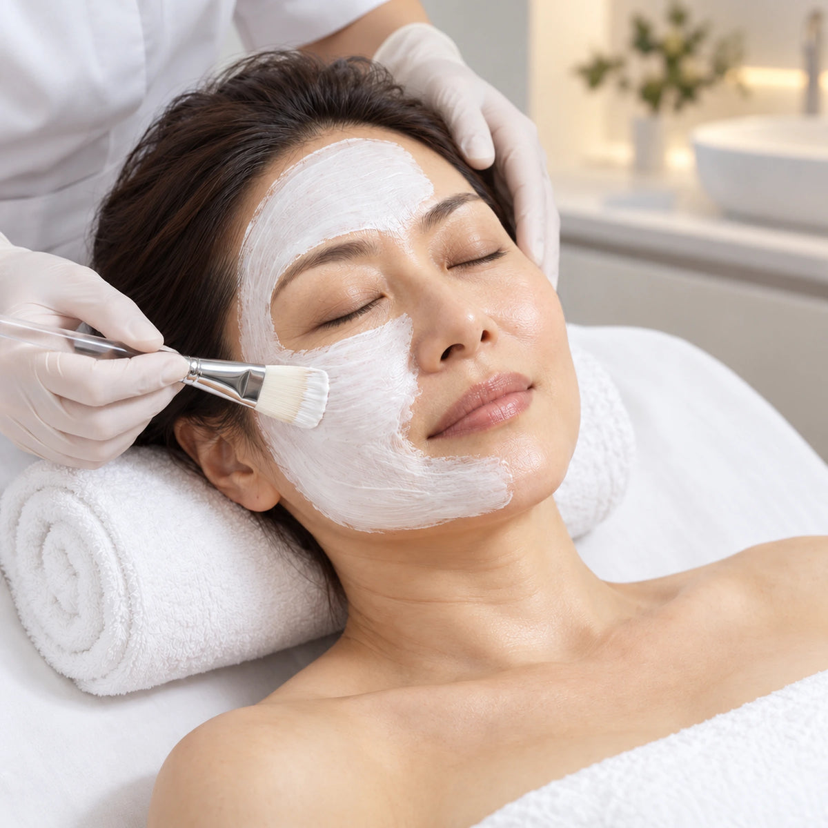 Therapist applying a white cream mask to the cheek, avoiding the eyes and lips.