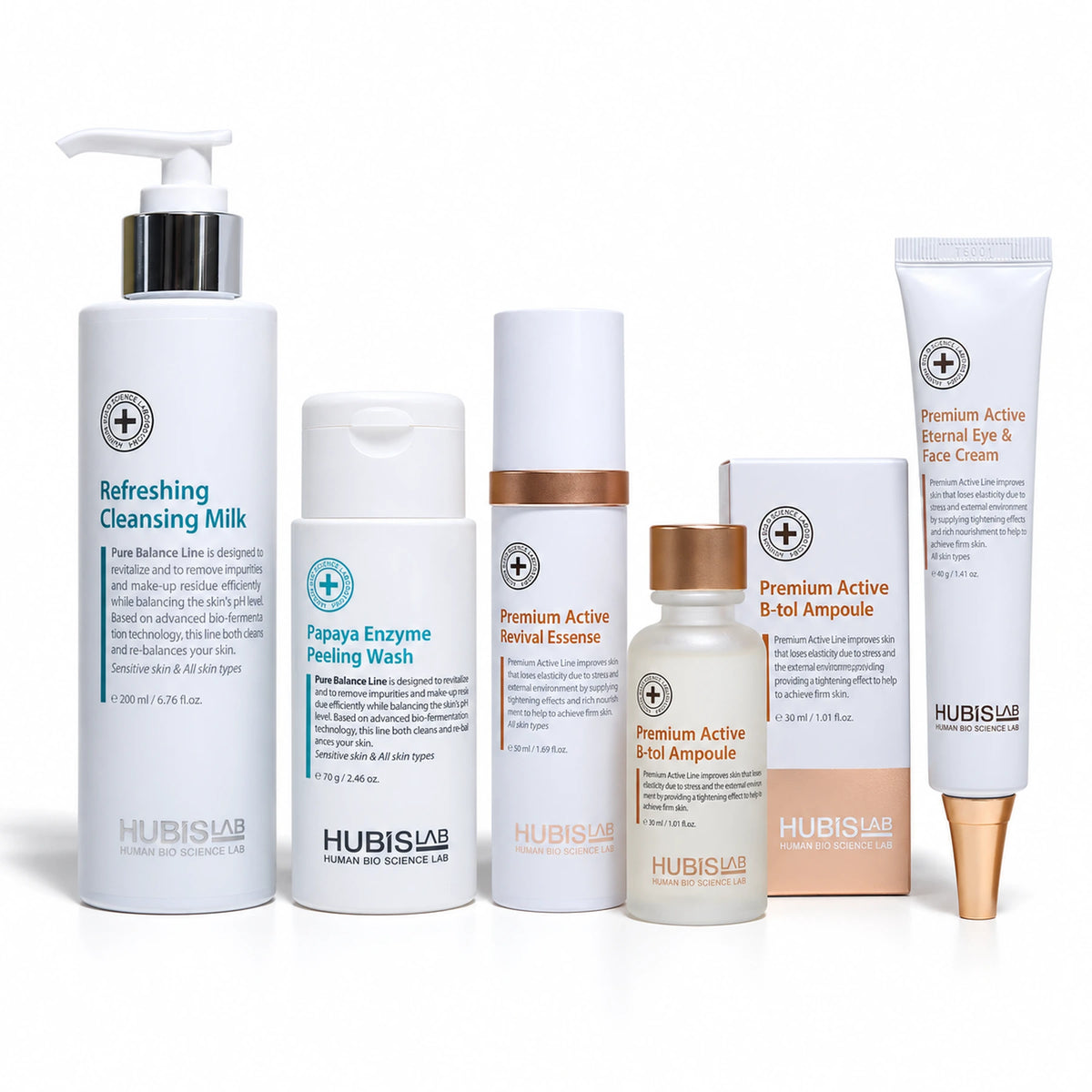 HUBISLAB retail homecare: Cleansing Milk 200 ml, Papaya Wash 70 g, Revival Essence 50 ml, B-tol Ampoule 30 ml and Eternal Eye & Face Cream 40 g.