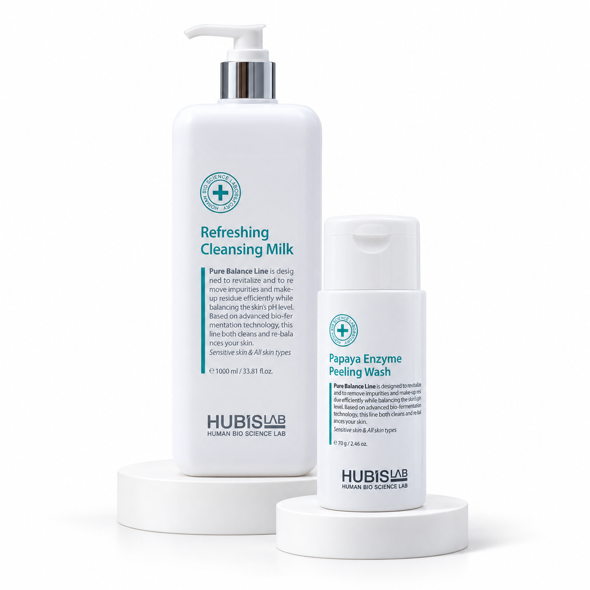HUBISLAB Korean V-Lift Facial Treatment preparation products: Refreshing Cleansing Milk 1000ml and Papaya Enzyme Peeling Wash 70g.