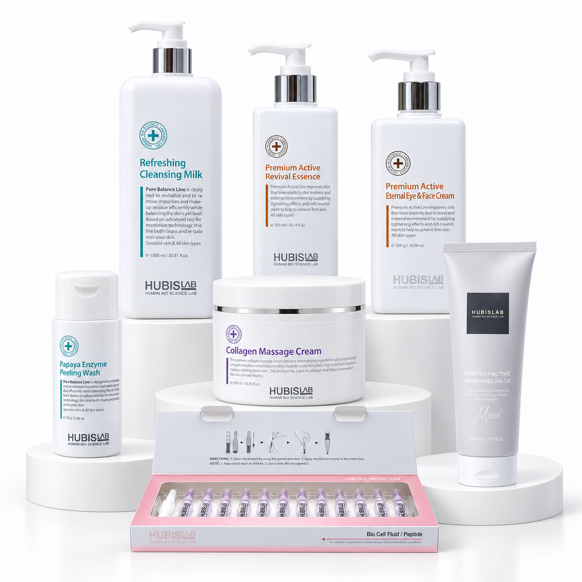 All seven HUBISLAB Korean V-Lift Facial Treatment products, including professional cleanser, enzyme wash, peptide products, massage cream, face cream and renewing mask.