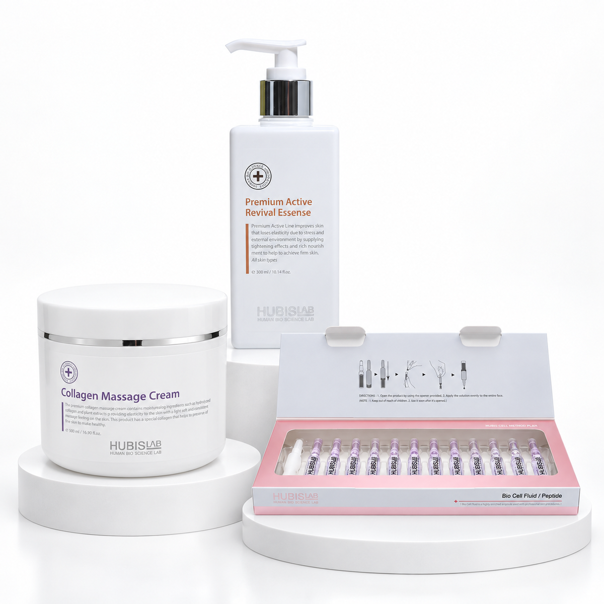 HUBISLAB Korean V-Lift core products: Revival Essence 300ml, Bio Cell Peptide Fluid 12 x 2ml and Collagen Massage Cream 500ml.