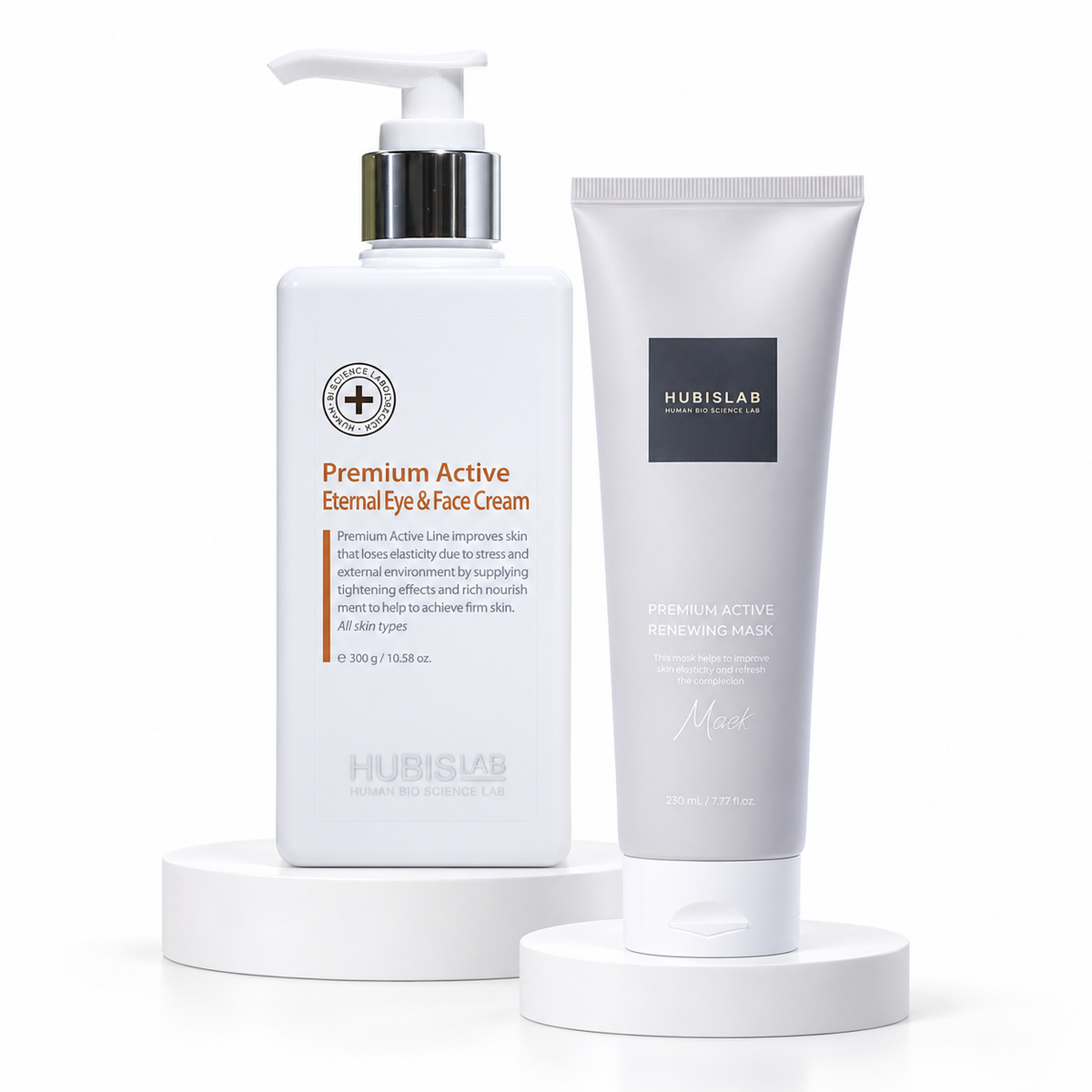 HUBISLAB Korean V-Lift finishing products: Eternal Eye and Face Cream 300g and Premium Active Renewing Mask 230ml.