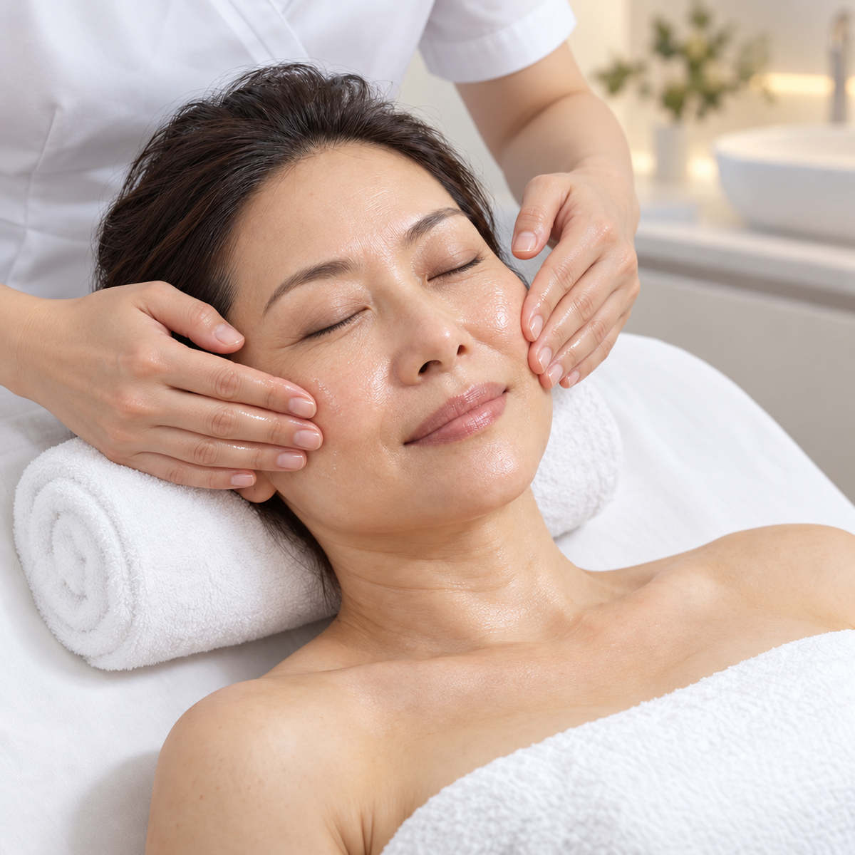 Therapist gently pressing Revival Essence onto a mature client's cheeks during the HUBISLAB Korean V-Lift Facial.