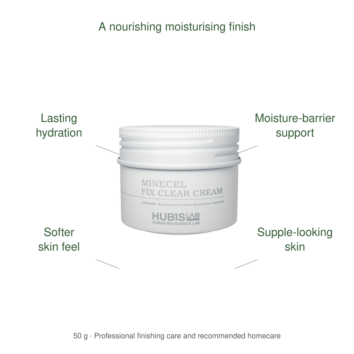 HUBISLAB minecel fix clear cream benefits: Lasting hydration, Moisture-barrier support, Softer skin feel, Supple-looking skin.