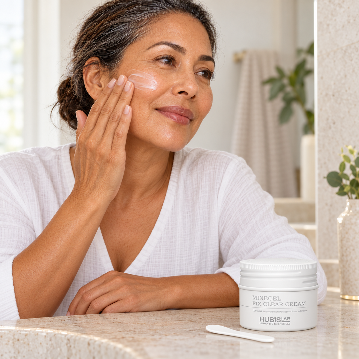 Client applying HUBISLAB Minecel Fix Clear Cream at home, with the 50 g jar and a cosmetic spatula on the vanity.