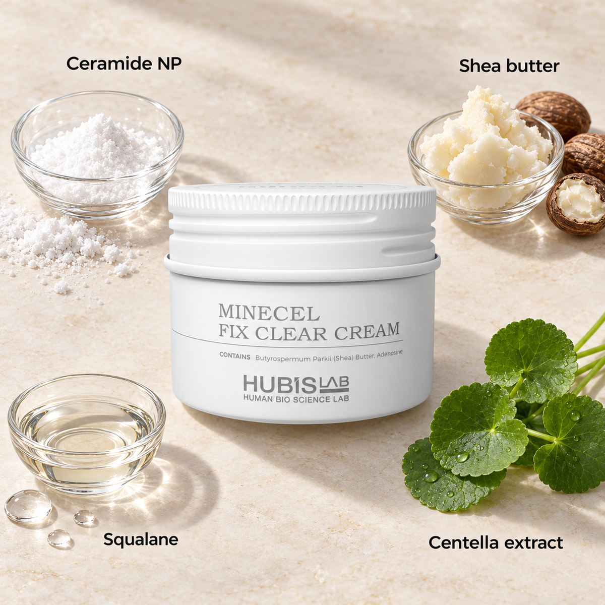 HUBISLAB minecel fix clear cream with illustrative selected ingredients: Ceramide NP, Shea butter, Squalane, Centella extract.