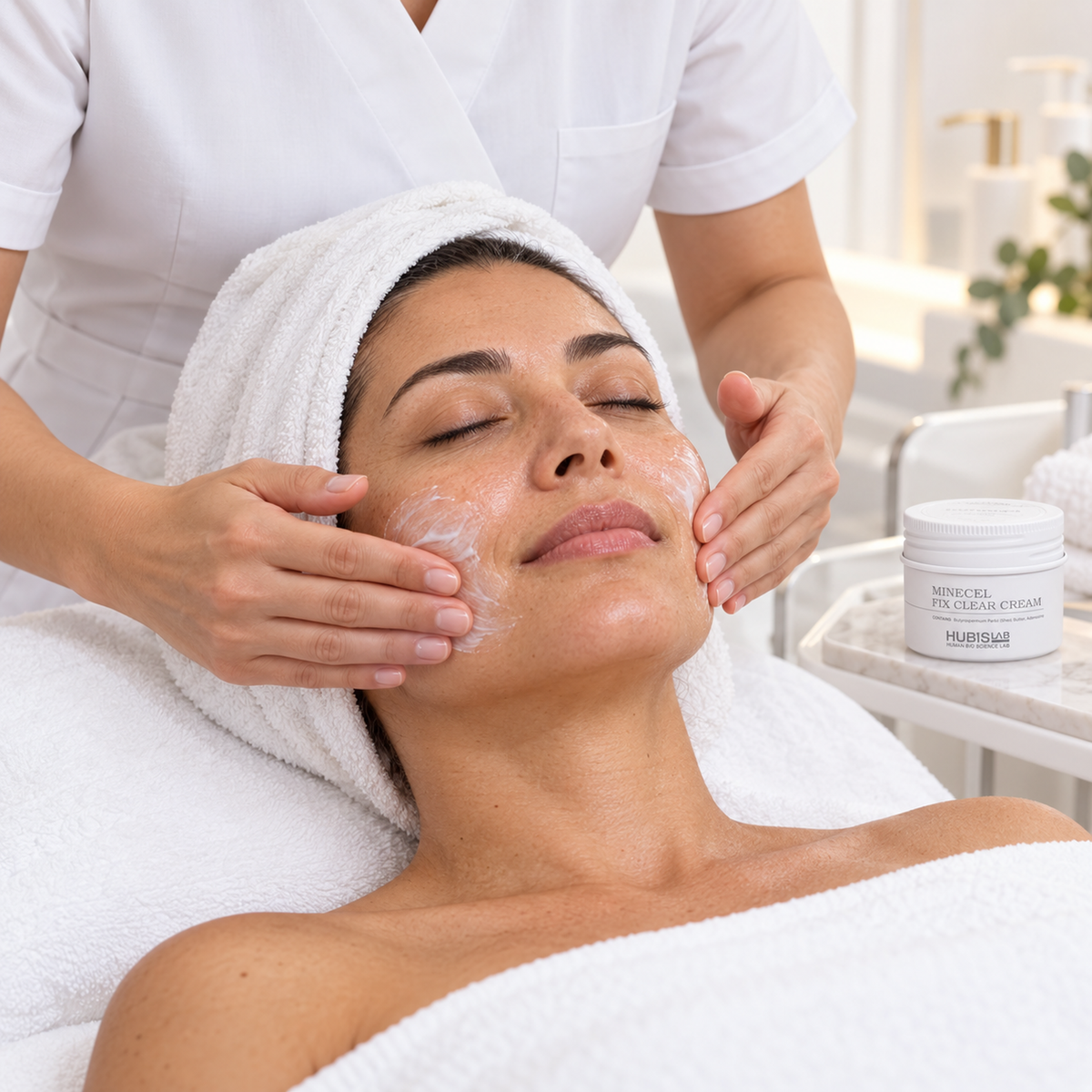 Therapist smoothing HUBISLAB Minecel Fix Clear Cream onto a client’s cheeks as a professional moisturising finishing step.