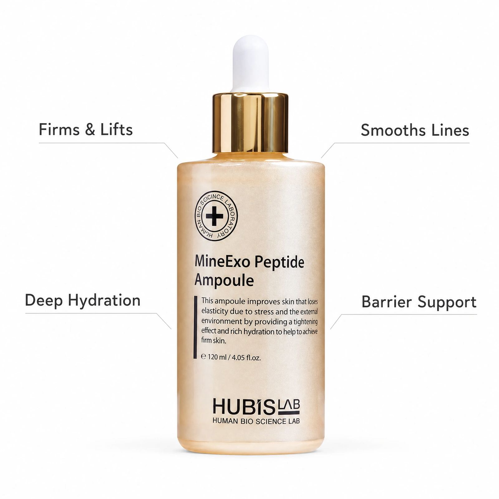 Hubislab MineExo Peptide Ampoule 120ml with professional benefit callouts for firming and lifting, smoothing lines, deep hydration and barrier support.