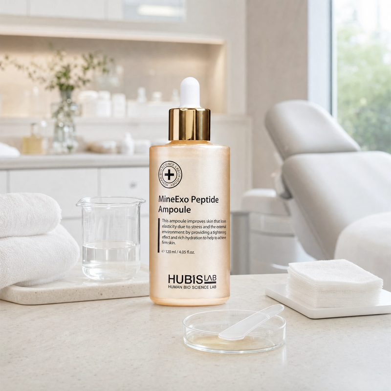 Hubislab MineExo Peptide Ampoule 120ml displayed in a premium clinical treatment-room setting