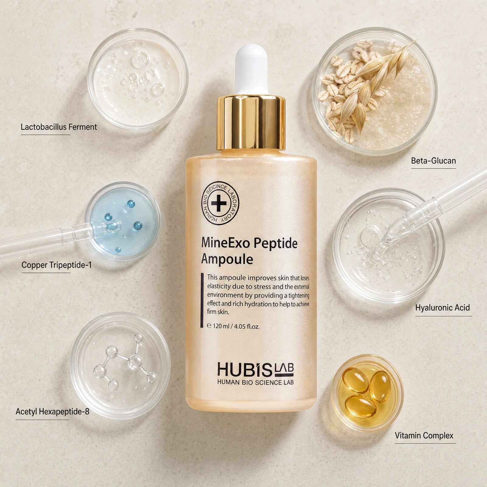 Hubislab MineExo Peptide Ampoule 120ml ingredient flatlay with Lactobacillus Ferment, Copper Tripeptide-1, Acetyl Hexapeptide-8, Beta-Glucan, Hyaluronic Acid and Vitamin Complex.