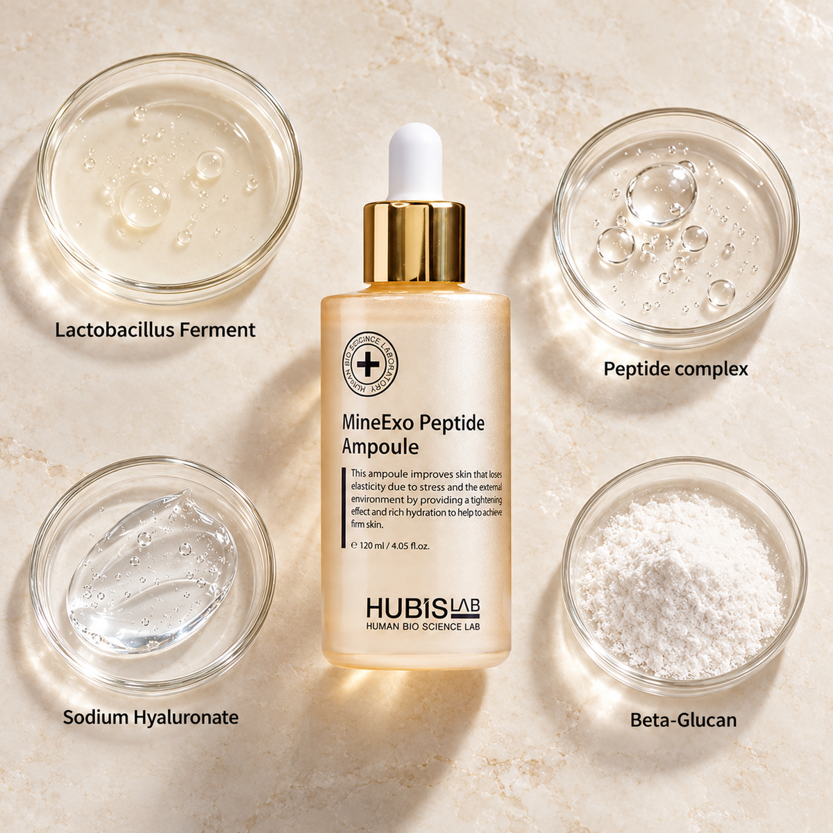 HUBISLAB mineexo peptide ampoule with illustrative selected ingredients: Lactobacillus Ferment, Peptide complex, Sodium Hyaluronate, Beta-Glucan.