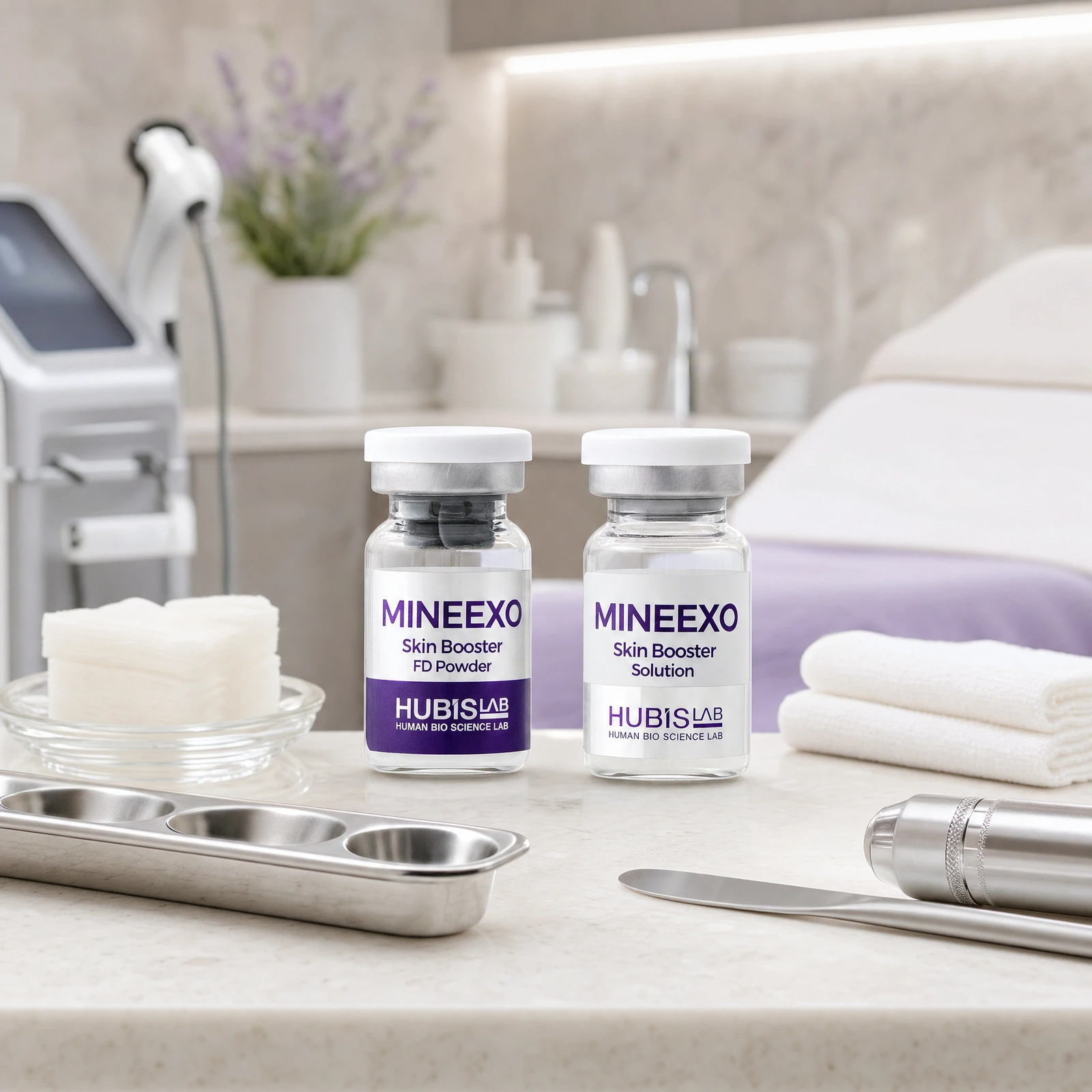 Hubislab MINEEXO Skin Booster FD Powder Solution displayed in a premium clinical treatment-room setting for professional skin booster protocols, device treatments and barrier recovery support.