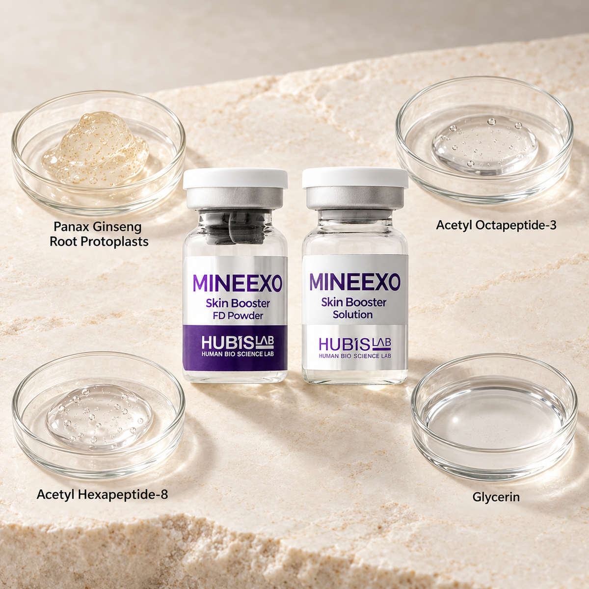 MineExo Skin Booster FD Powder Solution with labelled representations of selected ingredients.