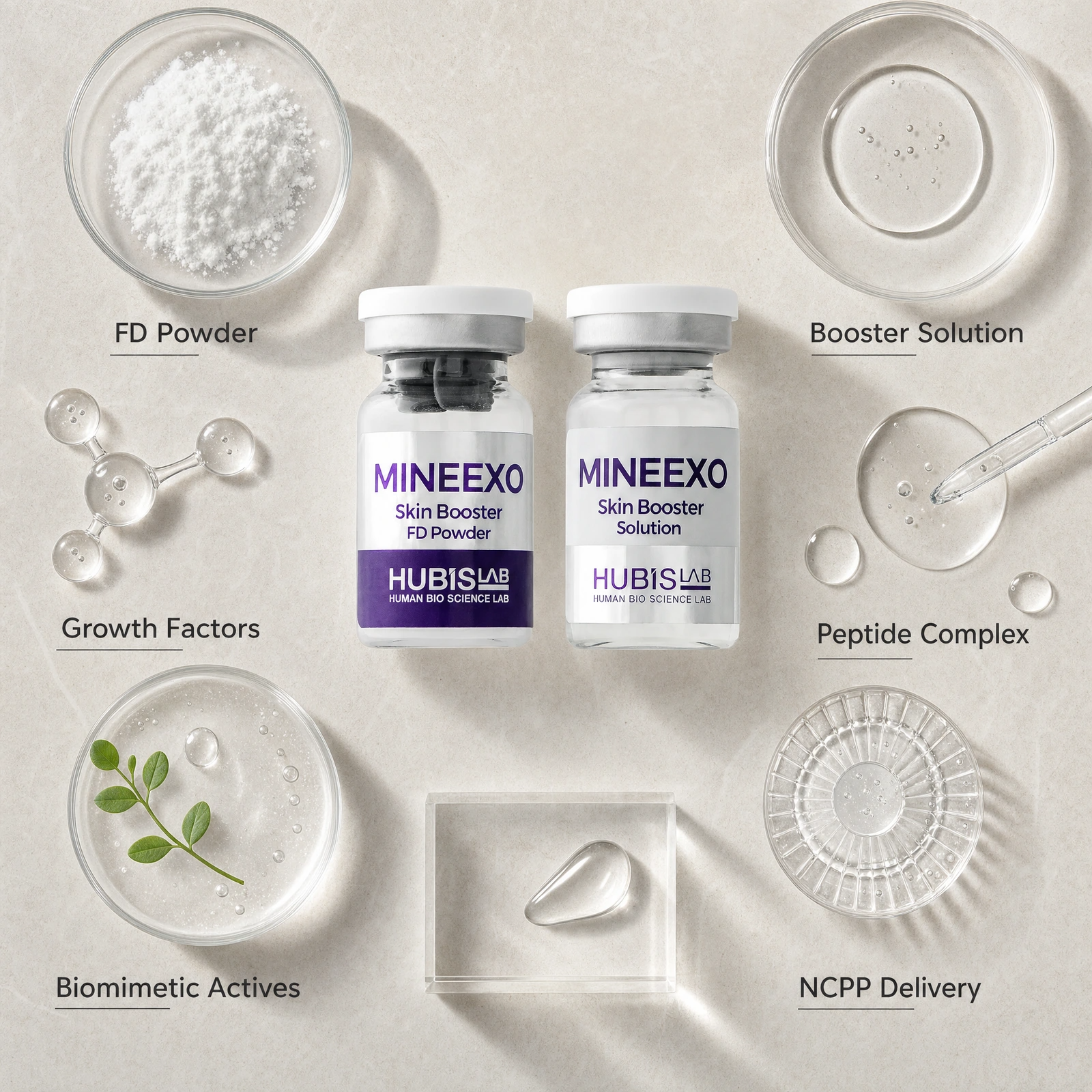 Hubislab MINEEXO Skin Booster FD Powder Solution ingredient and technology flatlay with FD Powder, Booster Solution, Growth Factors, Peptide Complex, Biomimetic Actives and NCPP Delivery.