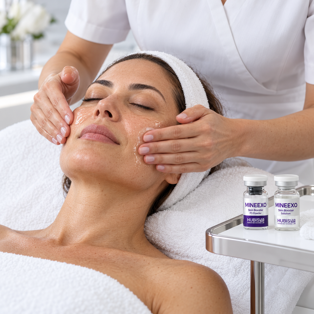Therapist applying a facial serum during a professional treatment, with the two HUBISLAB MineExo Skin Booster vials on the tray.