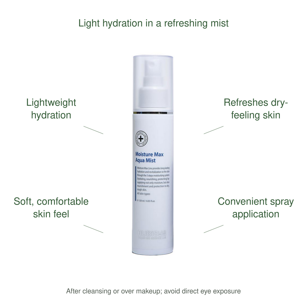 HUBISLAB moisture max aqua mist benefits: Lightweight hydration, Refreshes dry-feeling skin, Soft, comfortable skin feel, Convenient spray application.