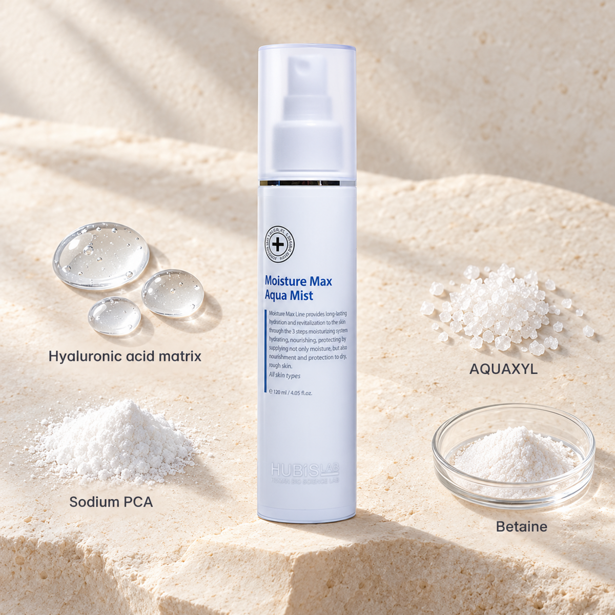 HUBISLAB moisture max aqua mist with an illustrative ingredient composition labelled Hyaluronic acid matrix, Sodium PCA, AQUAXYL, Betaine.