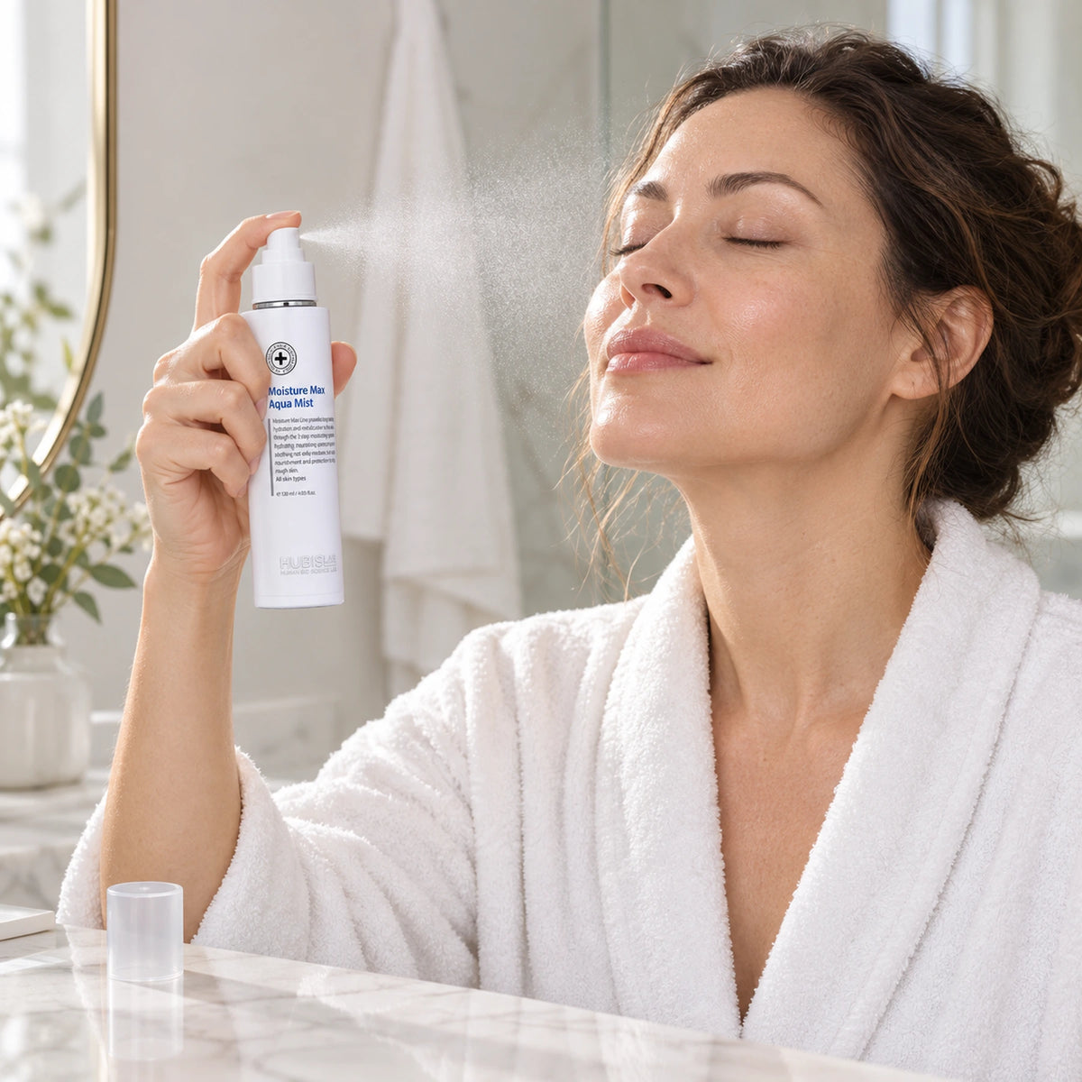 Woman misting her face with HUBISLAB Moisture Max Aqua Mist 120 ml