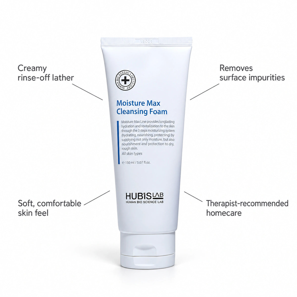 HUBISLAB Moisture Max Cleansing Foam 150 ml with cleansing and skin-comfort benefit callouts.