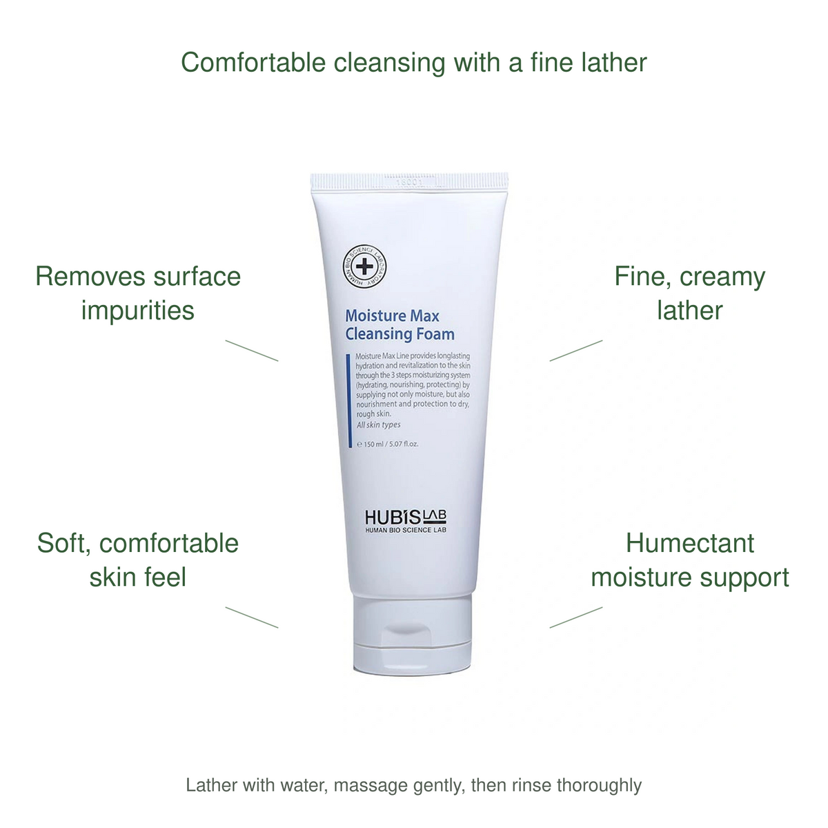 HUBISLAB moisture max cleansing foam benefits: Removes surface impurities, Fine, creamy lather, Soft, comfortable skin feel, Humectant moisture support.