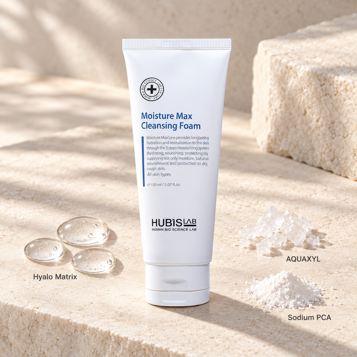HUBISLAB moisture max cleansing foam with an illustrative ingredient composition labelled Hyalo Matrix, AQUAXYL, Sodium PCA.
