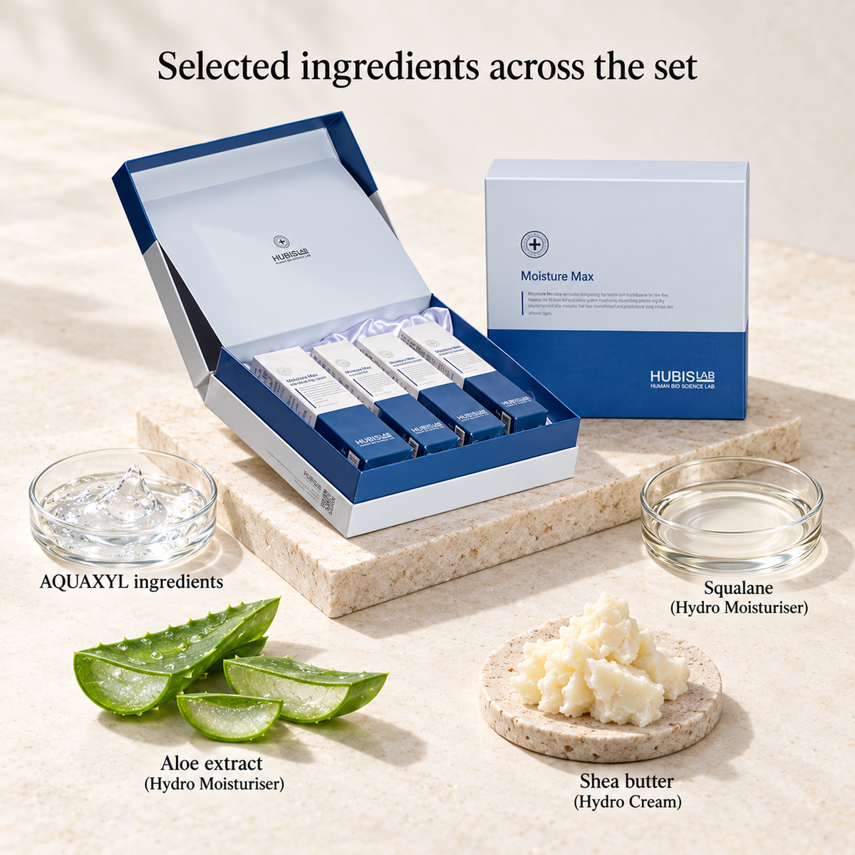 Hubislab Moisture Max Set with labelled representations of selected ingredients.