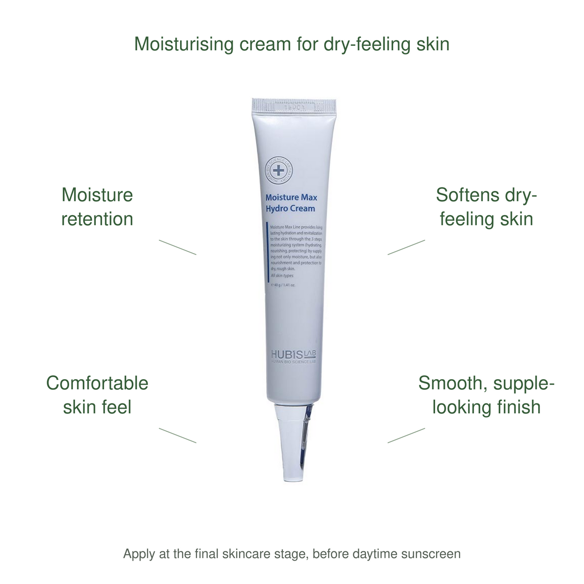 HUBISLAB moisture max hydro cream benefits: Moisture retention, Softens dry-feeling skin, Comfortable skin feel, Smooth, supple-looking finish.