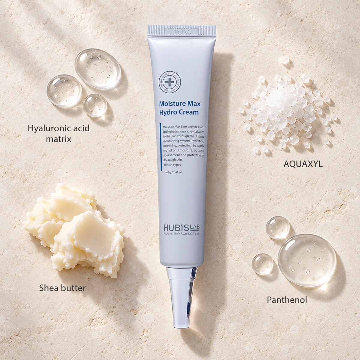 HUBISLAB moisture max hydro cream with an illustrative ingredient composition labelled Hyaluronic acid matrix, AQUAXYL, Shea butter, Panthenol.