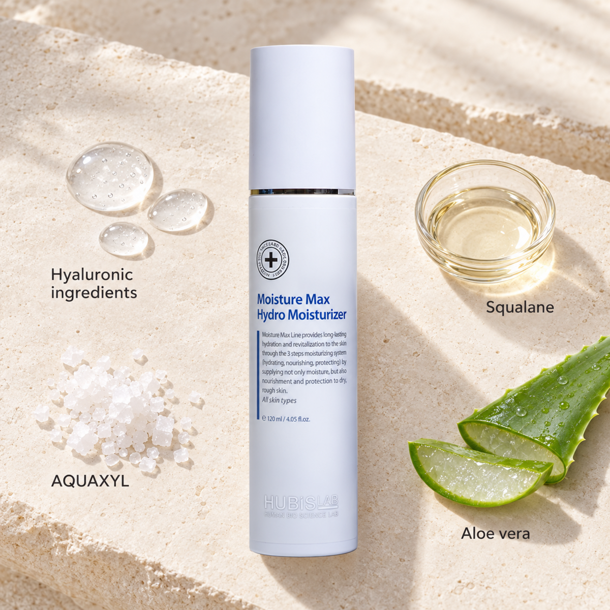 HUBISLAB moisture max hydro moisturiser with an illustrative ingredient composition labelled Hyaluronic ingredients, AQUAXYL, Squalane, Aloe vera.