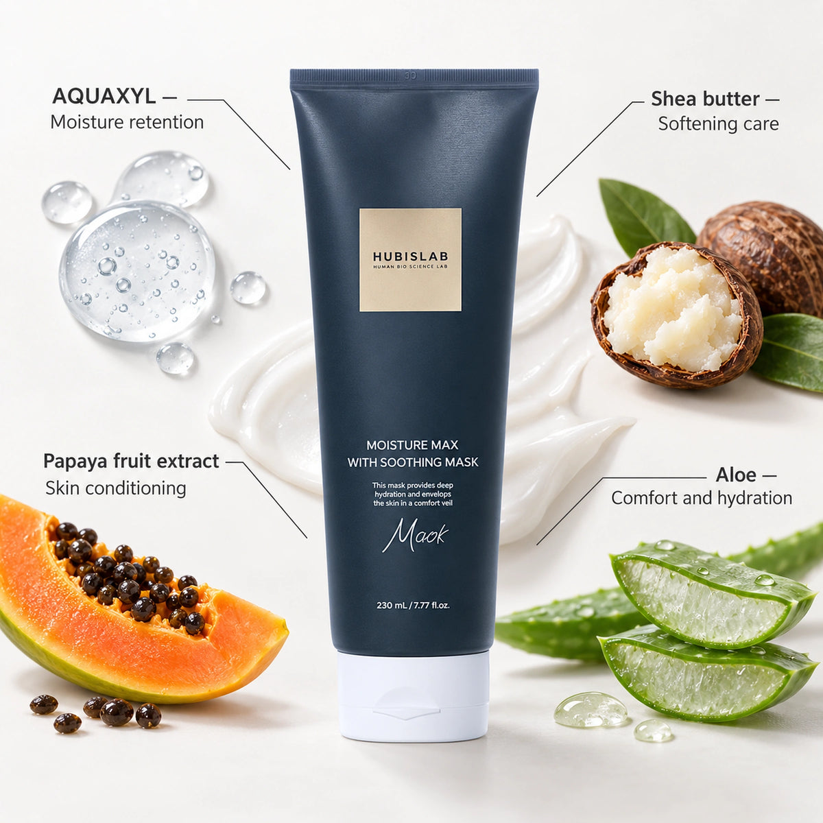 HUBISLAB Moisture Max with Soothing Mask 230 ml with AQUAXYL, shea butter, papaya fruit extract and aloe callouts.