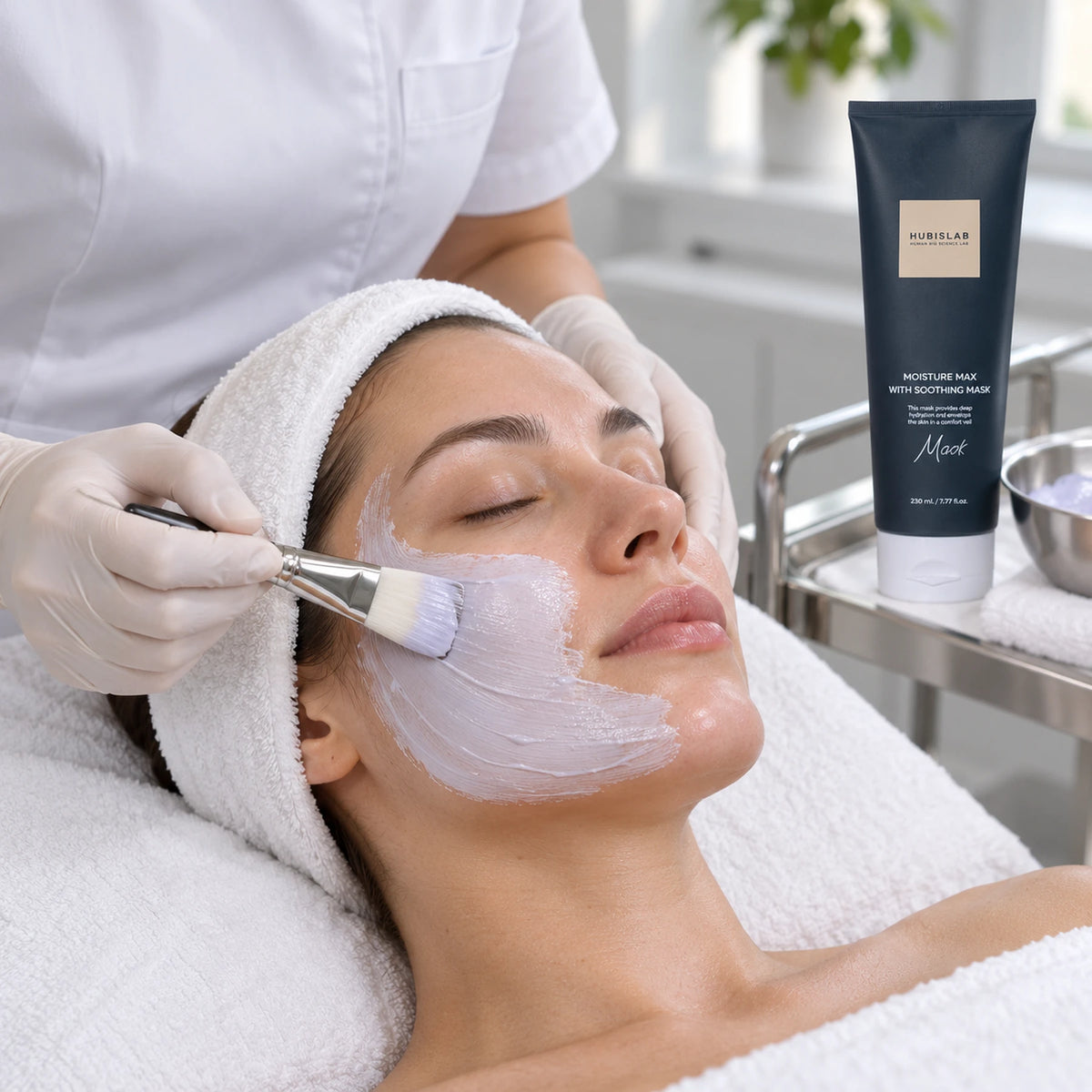 Therapist applying HUBISLAB Moisture Max with Soothing Mask during a facial, with the professional 230 ml tube nearby.