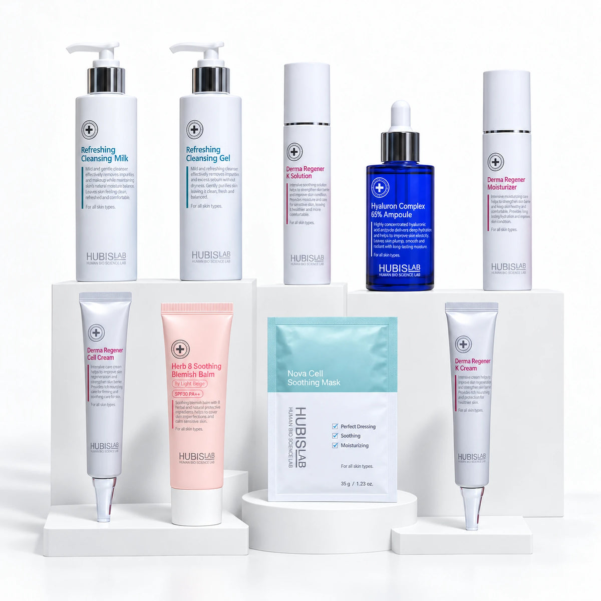 Nine HUBISLAB retail homecare options: cleansing milk, cleansing gel, K Solution, Hyaluron ampoule, moisturiser, Cell Cream, K Cream, Nova Cell mask and Herb 8 BB balm.