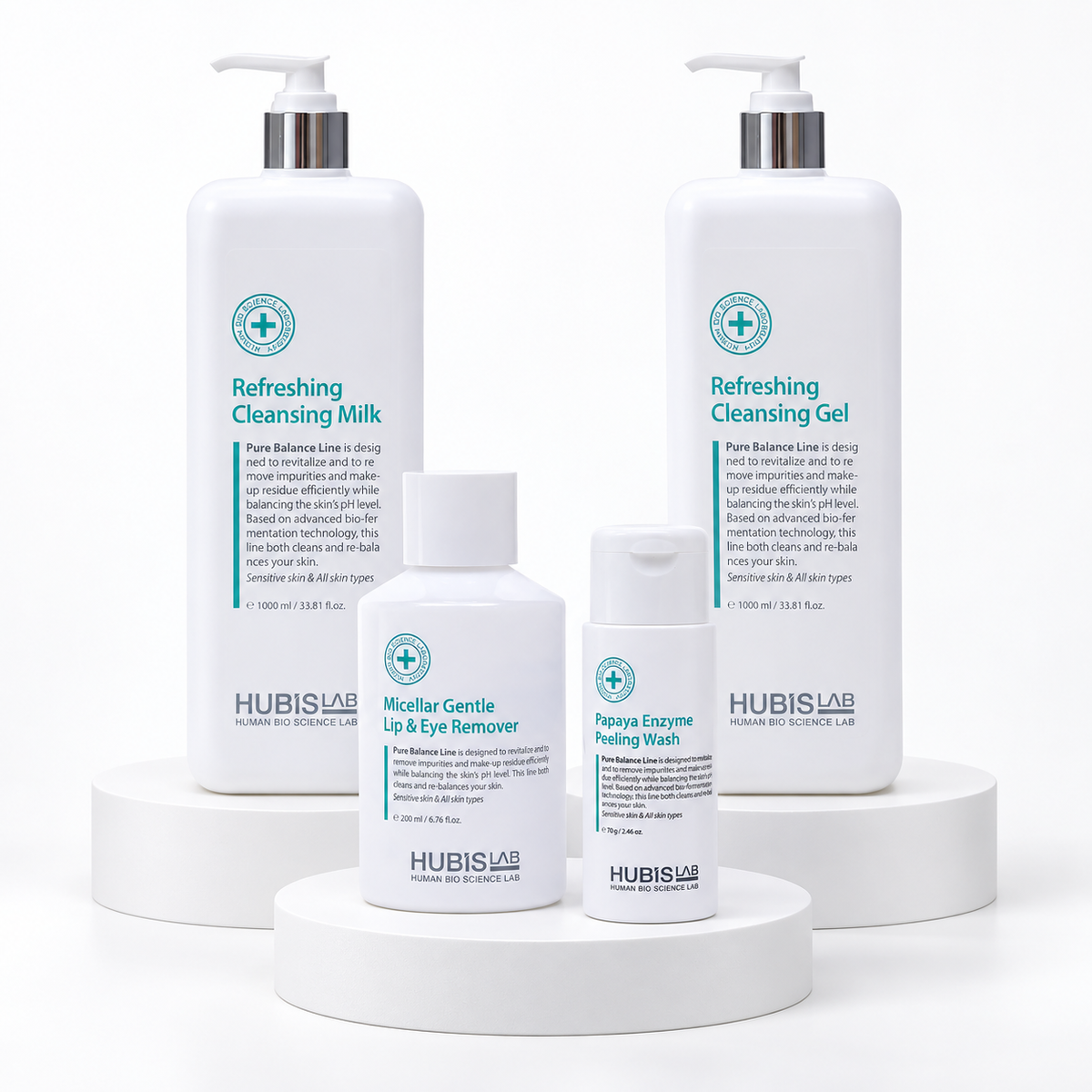 HUBISLAB Refreshing Cleansing Milk 1000ml, Refreshing Cleansing Gel 1000ml, Micellar Gentle Lip and Eye Remover 200ml and Papaya Enzyme Peeling Wash 70g.
