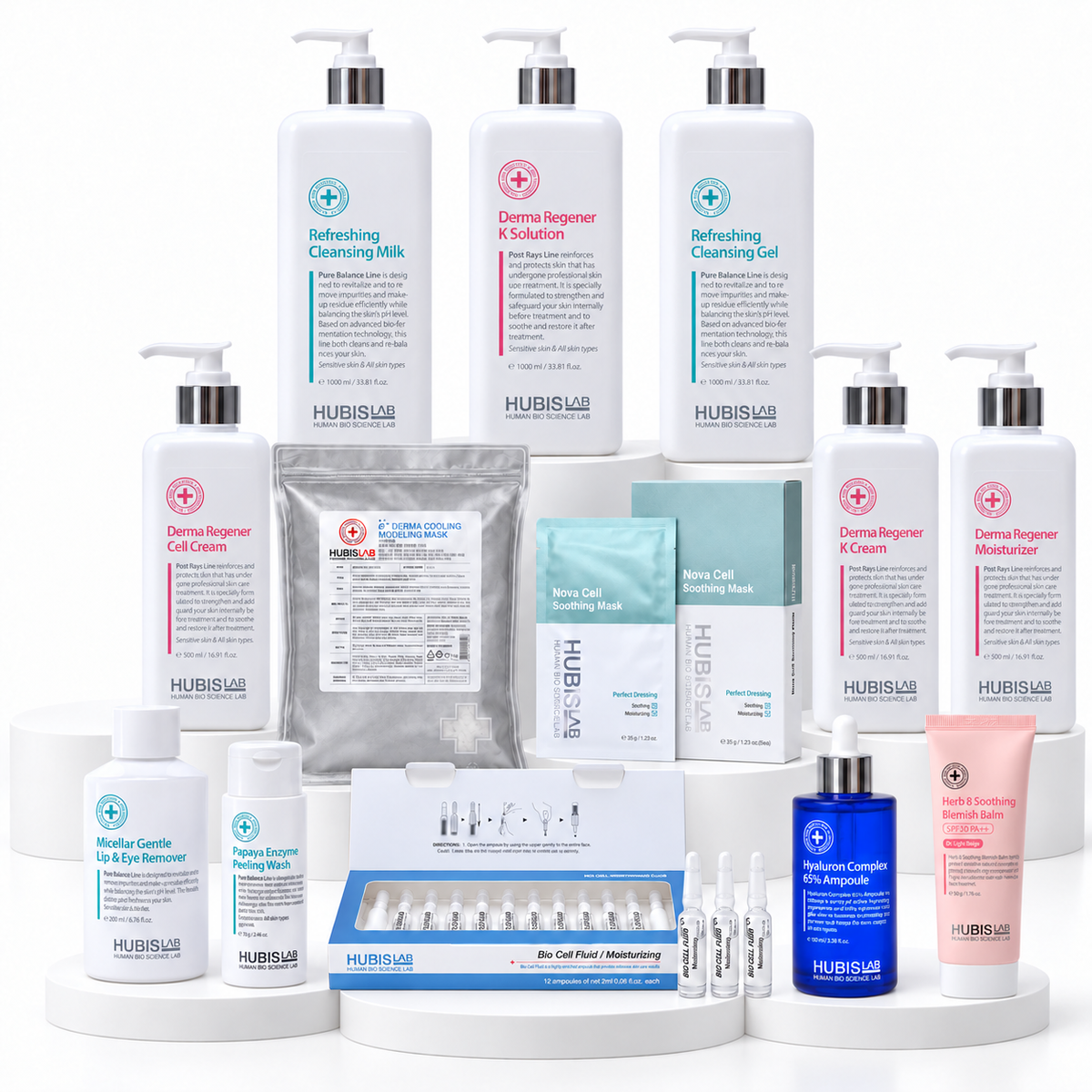 All 13 HUBISLAB Moisturising Treatment products arranged on white display stands.