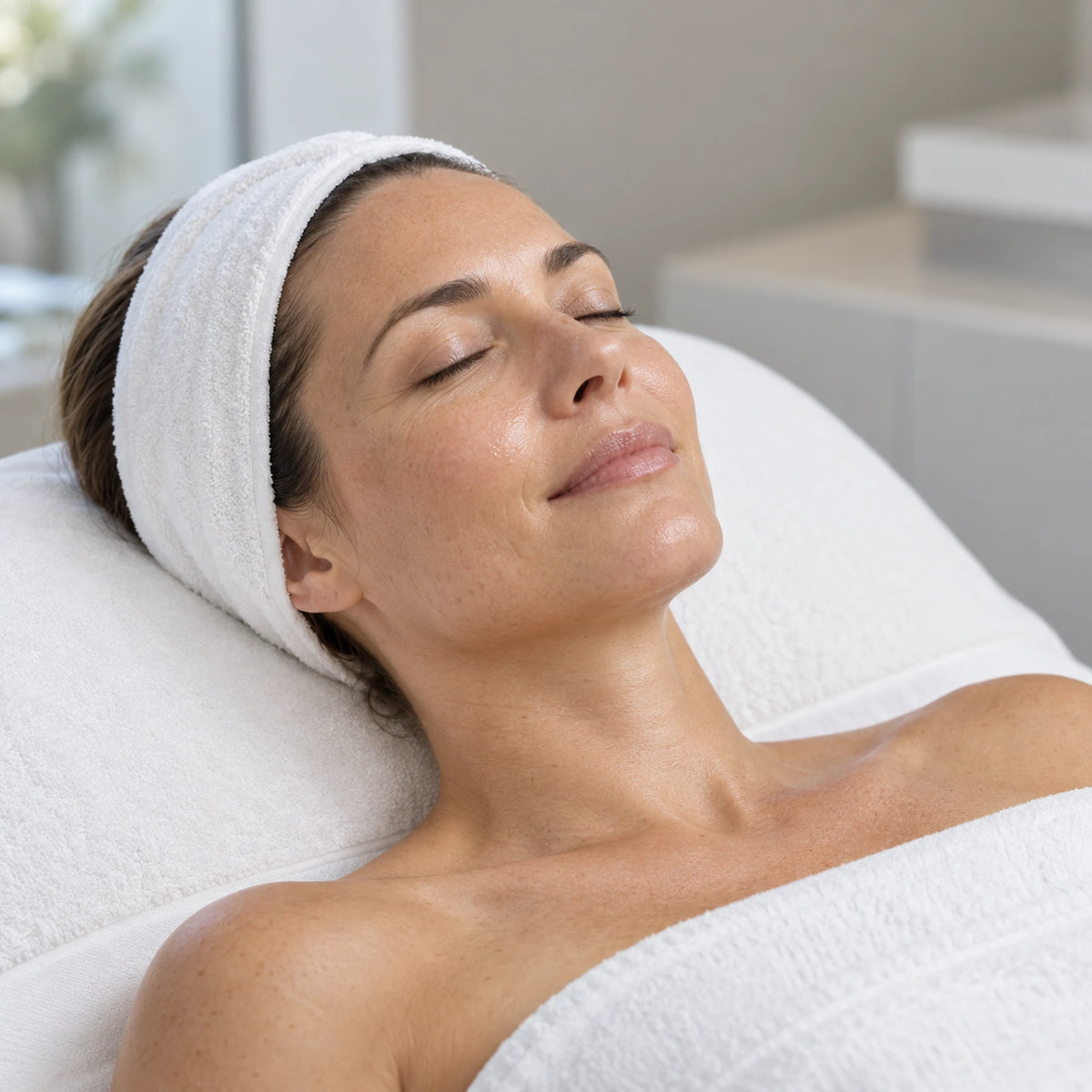 Client resting after a hydration-focused facial, with natural skin texture and a white headband.