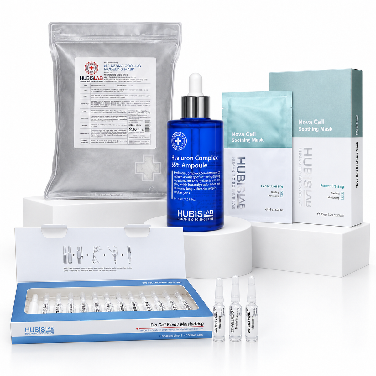 HUBISLAB Bio Cell Moisturizing Fluid, Cooling Modeling Mask, Nova Cell Soothing Mask and Hyaluron Complex 65% Ampoule.