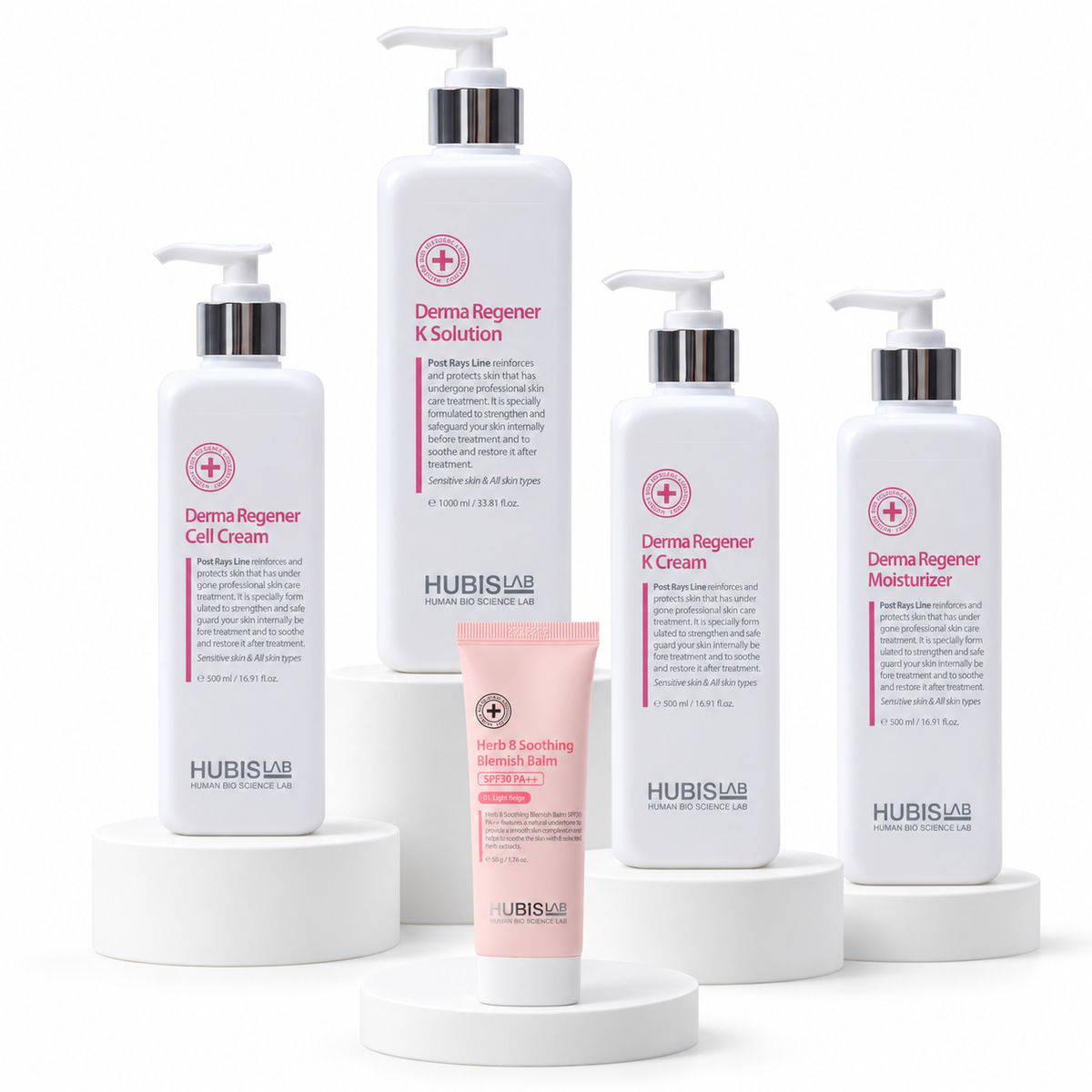 HUBISLAB Derma Regener K Solution, Cell Cream, K Cream, Moisturizer and Herb 8 Soothing Blemish Balm arranged on white stands.