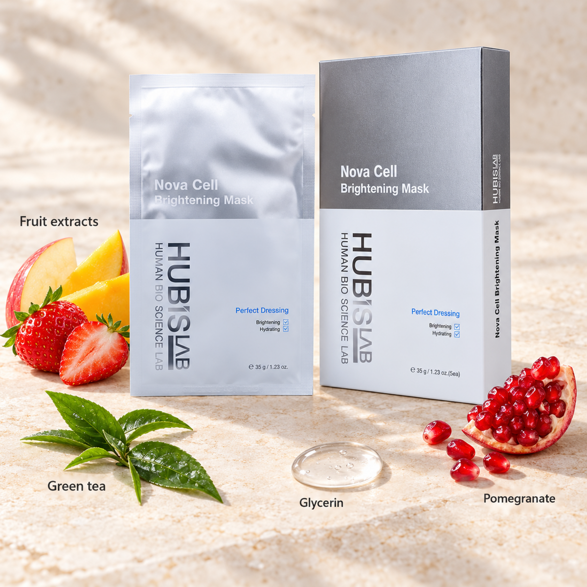 HUBISLAB nova cell brightening mask with an illustrative ingredient composition labelled Fruit extracts, Green tea, Pomegranate, Glycerin.