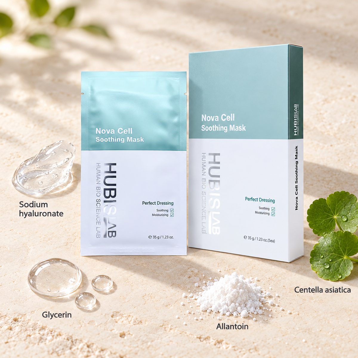 HUBISLAB nova cell soothing mask with an illustrative ingredient composition labelled Sodium hyaluronate, Glycerin, Allantoin, Centella asiatica.
