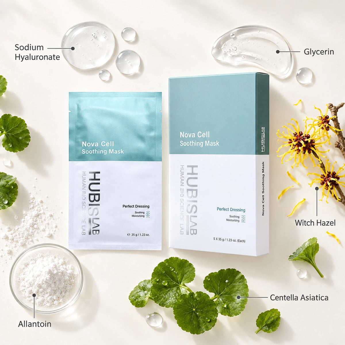 Nova Cell Soothing Mask with selected listed ingredients including sodium hyaluronate, glycerin, allantoin, centella and witch hazel