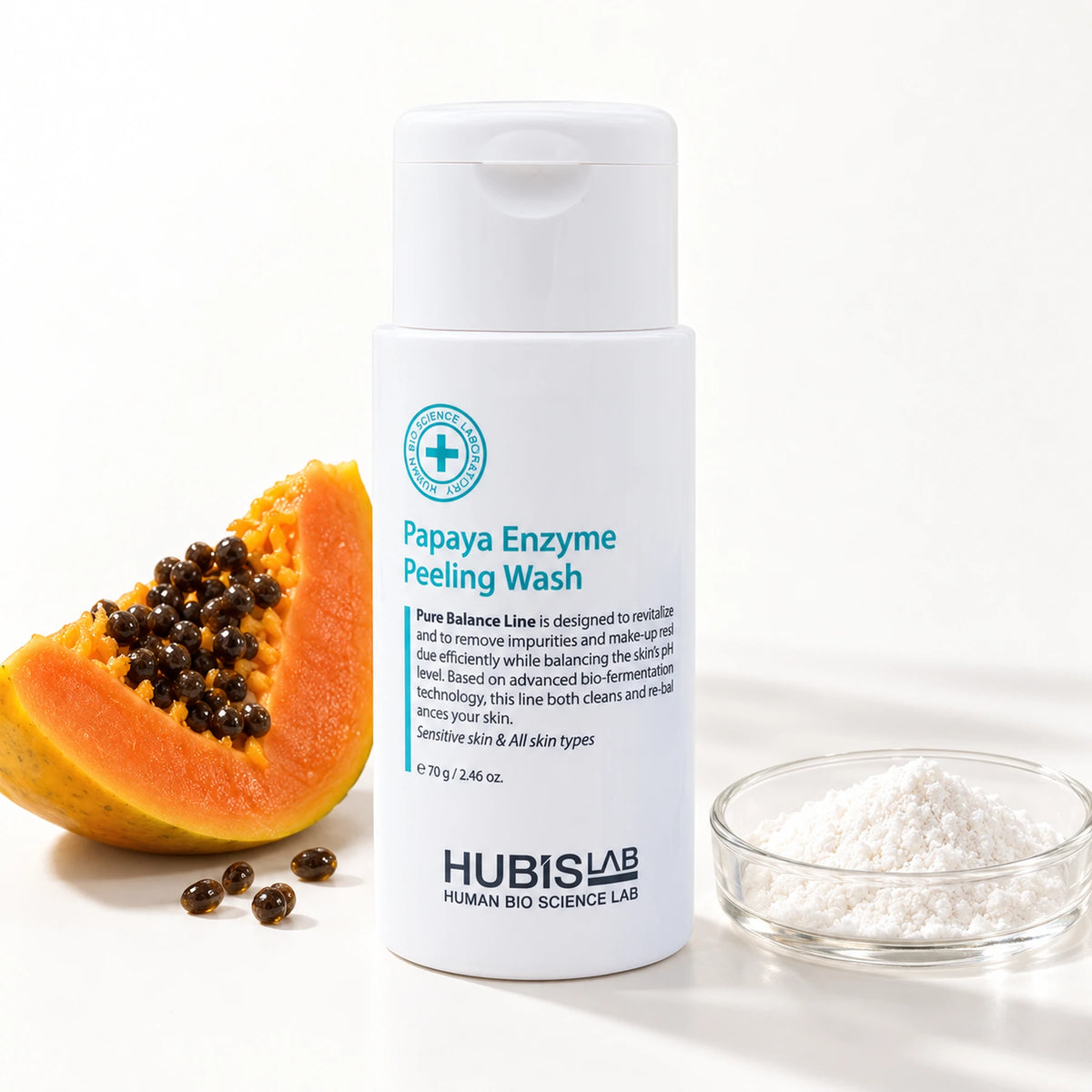 HUBISLAB Papaya Enzyme Peeling Wash 70 g with papaya and a dish of corn starch powder.